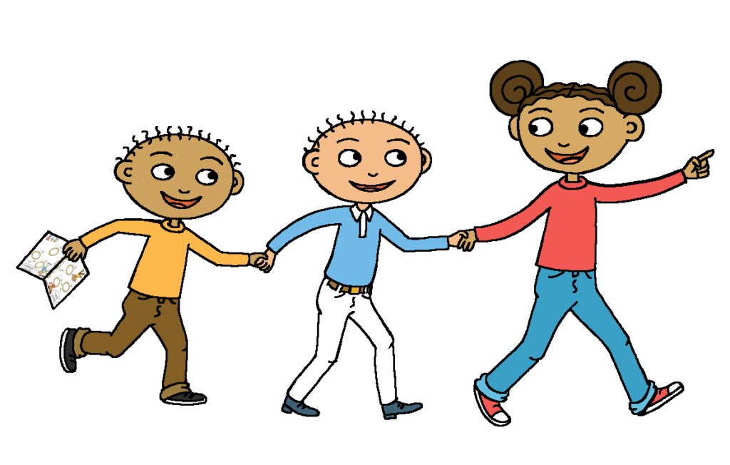En illustration av tre barn som håller hand.