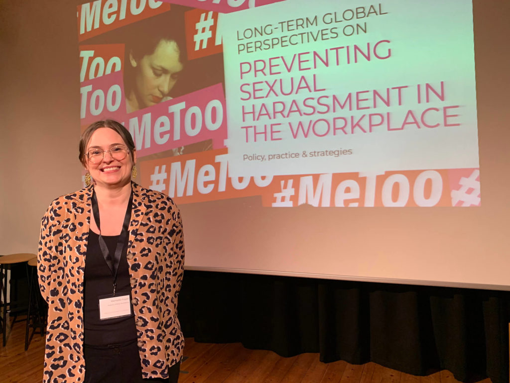 Talaren Marinette Fogde under en presentation på en arbetslivskonferens 2020.