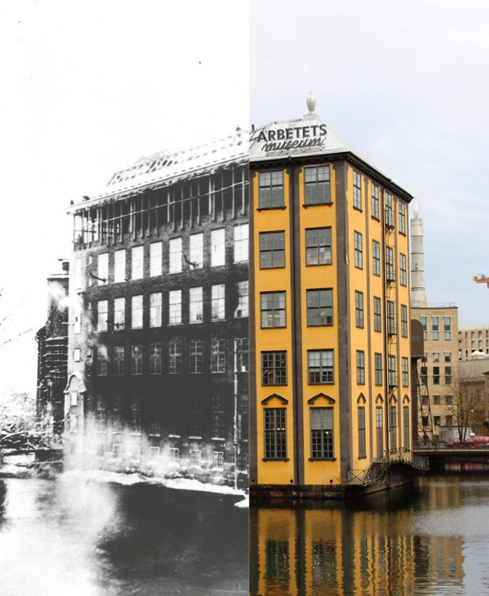 Två bilder på byggnaden strykjärnet ihopsatta som jämför hur det såg ut förr i tiden i svartvitt och hur det ser ut nu i färg.
