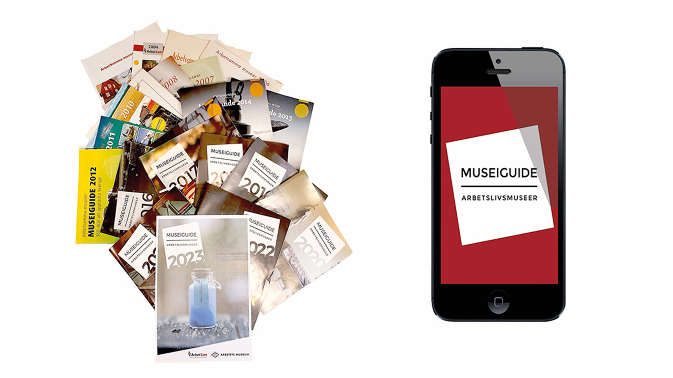 Museiguide som katalog och app på vit botten
