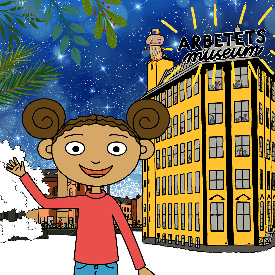 En tecknad bild av UppfinnarJohanna som står och vinkar framför Arbetets museum. Bakgrunden är ett vinterlandskap med stjärnklar himmel. Illustratör: Lovisa Lesse.