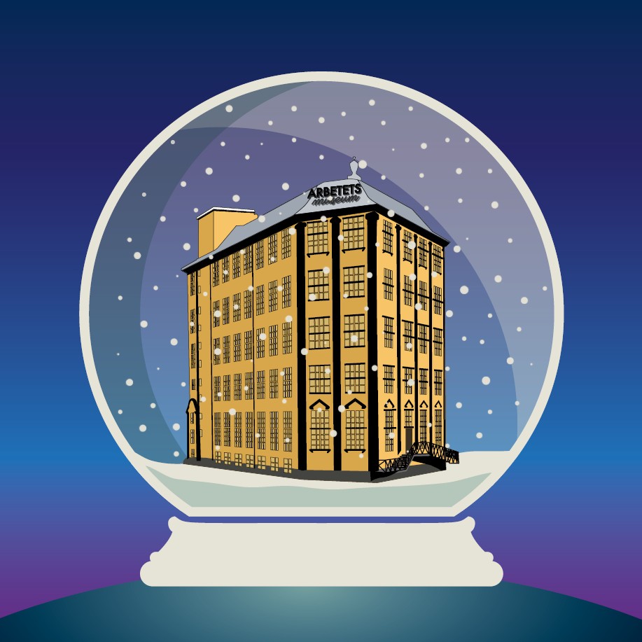 En illustration av vår museibyggnad Strykjärnet, innesluten i en snöglob. Illustration: Frida Enebro.