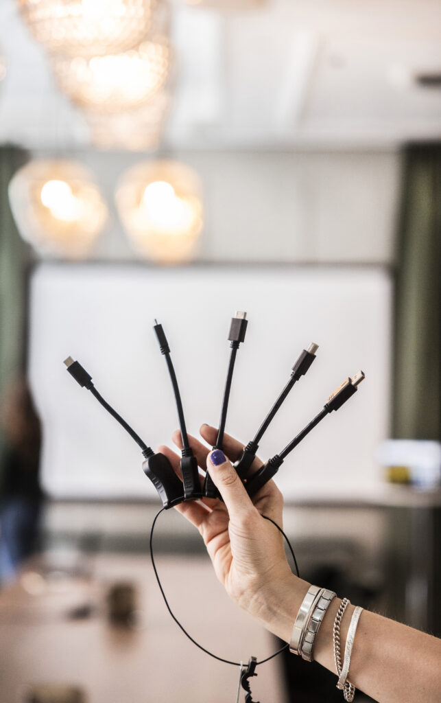 Bildtitel: "Solfjädern". På bilden syns en hand som håller fem svarta sladdar med olika typer av kontakter. Sladdarna bilder en solfjäderform.