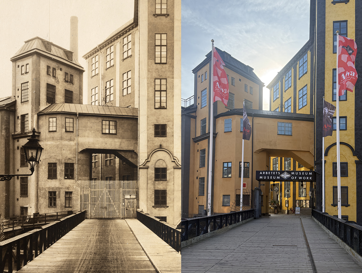 Vy över Holmbron och Strykjärnet år 1920 resp. 2026.